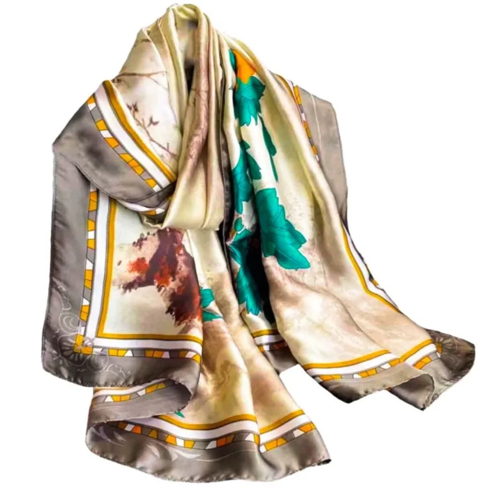 🌹🆕 Silky Scarf Wrap Shawl with Gray Ivory Teal Design - Picture 10 of 11